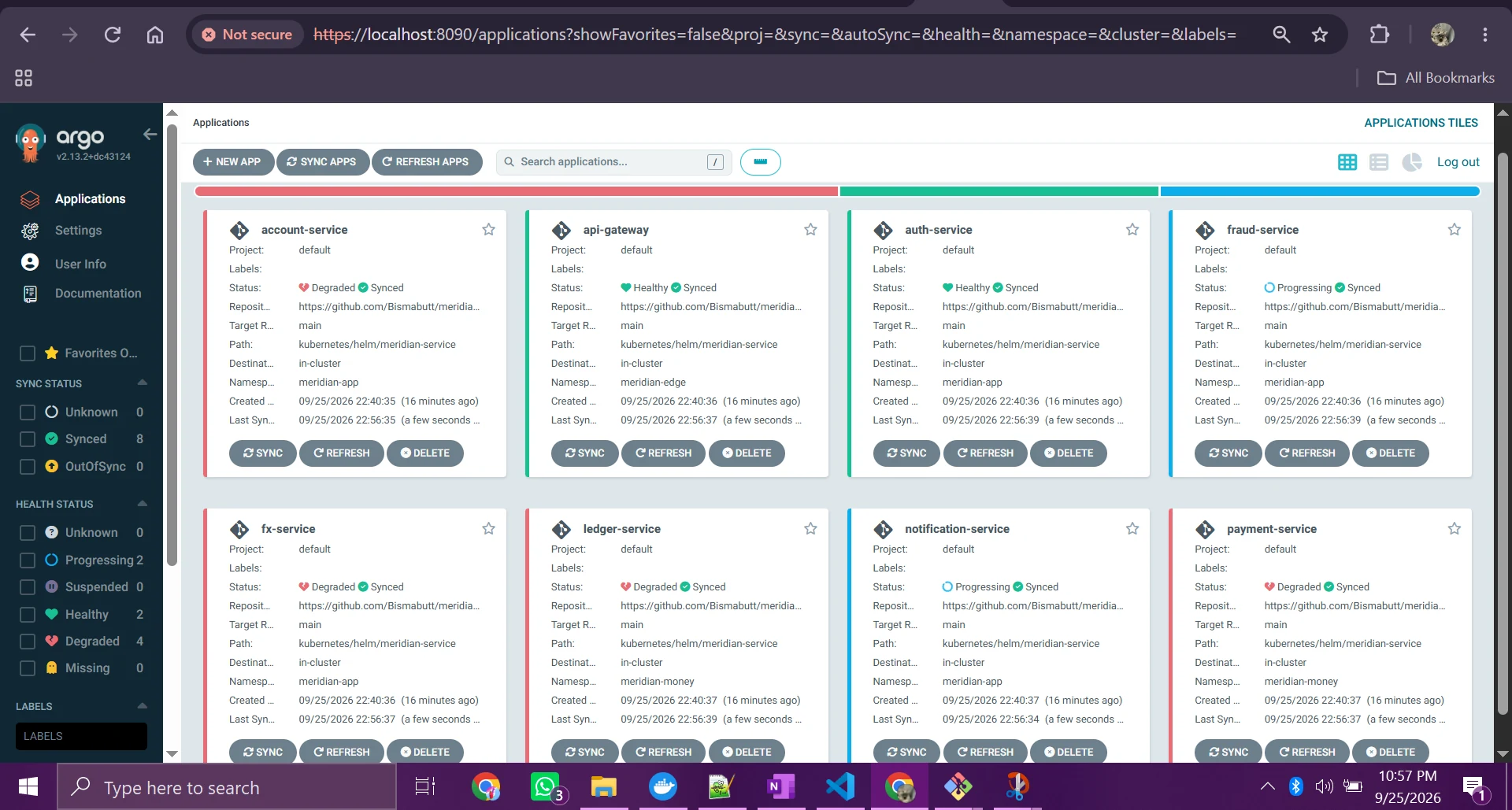 ArgoCD application tiles for Meridian Pay services
