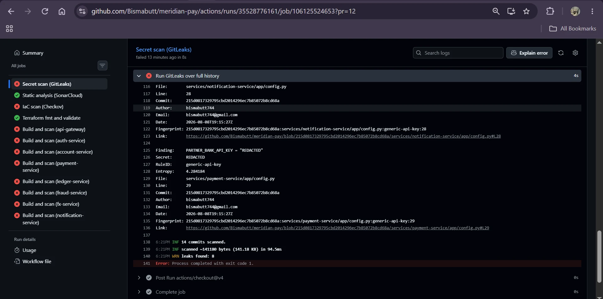 GitHub Actions GitLeaks output showing secrets found in full git history