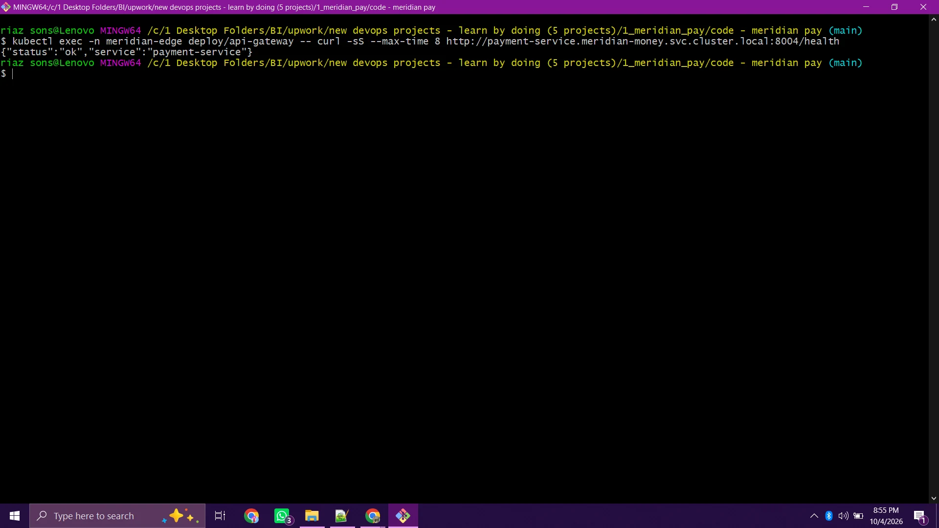 Terminal showing the permitted API gateway path to payment service returning healthy