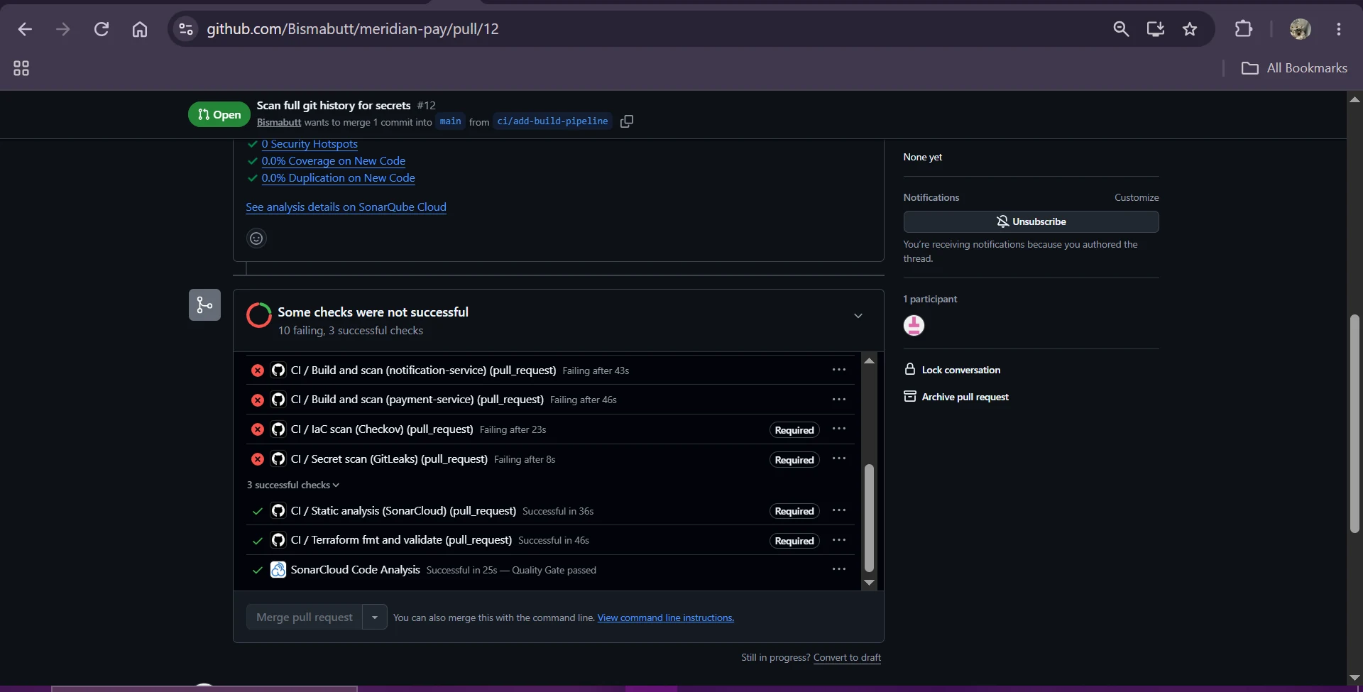 GitHub pull request with required security checks failing and merge blocked