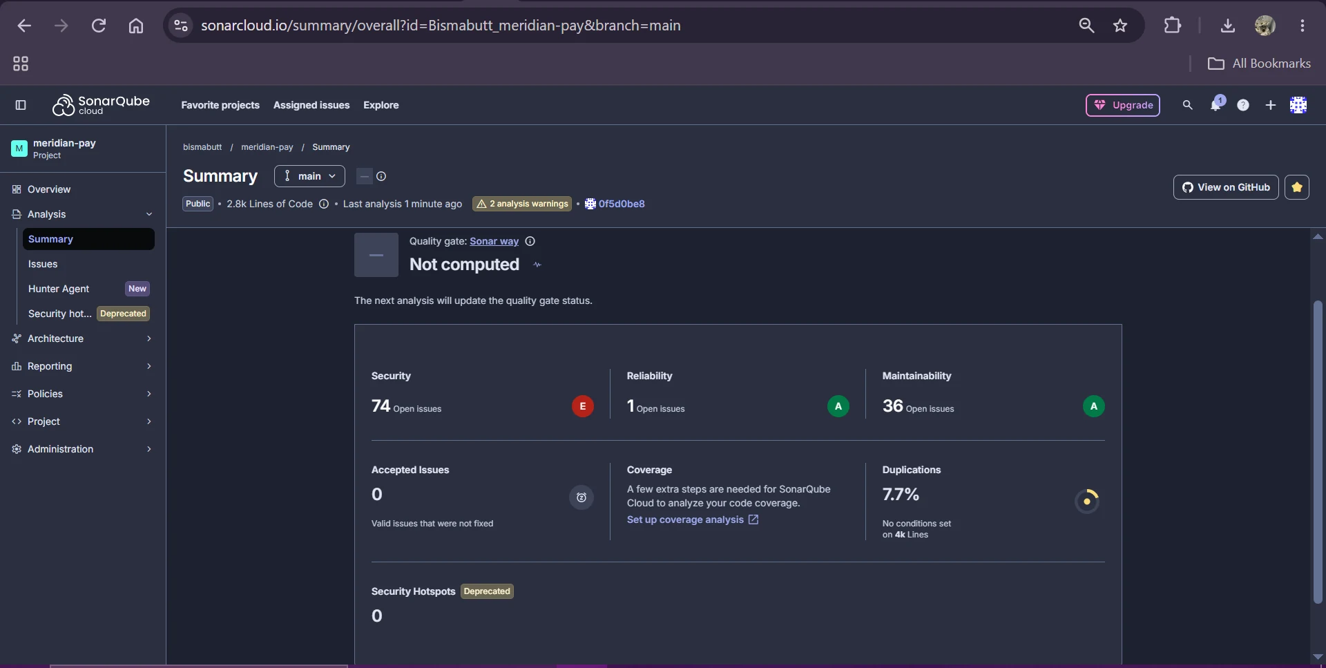 SonarCloud baseline showing security rating E and open issues