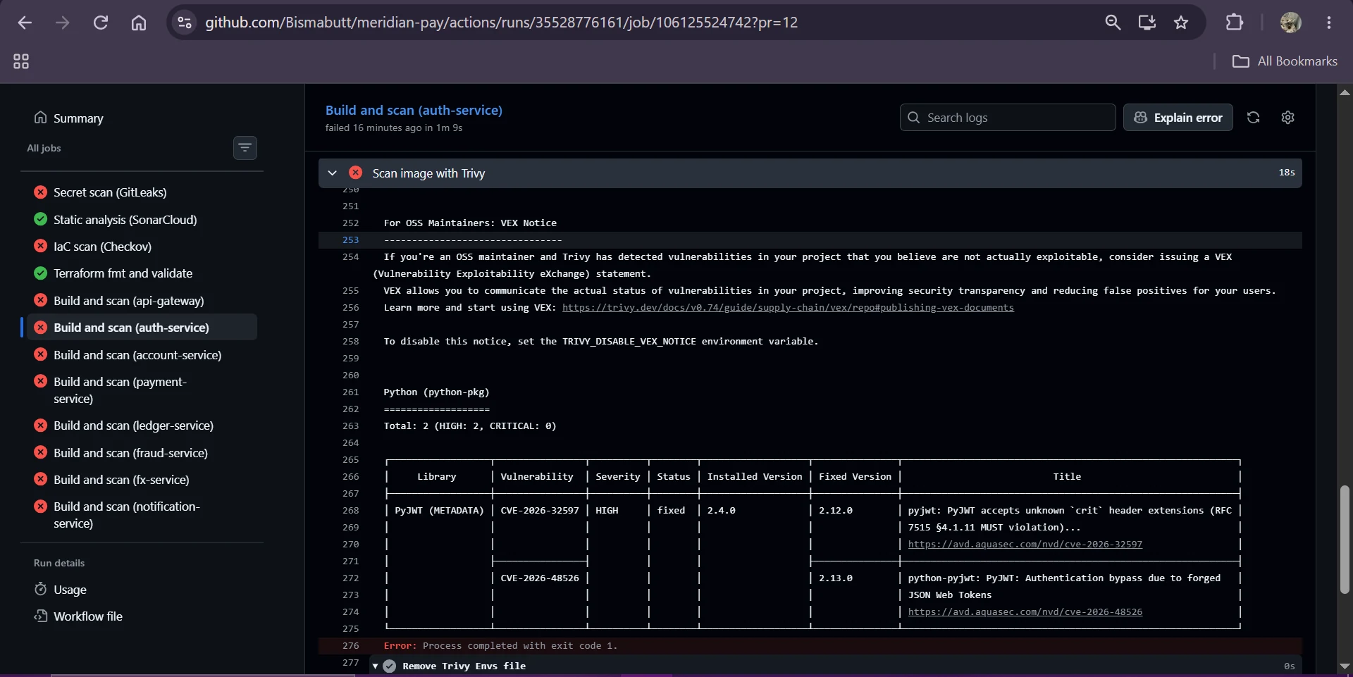 Trivy dependency scan showing PyJWT vulnerabilities